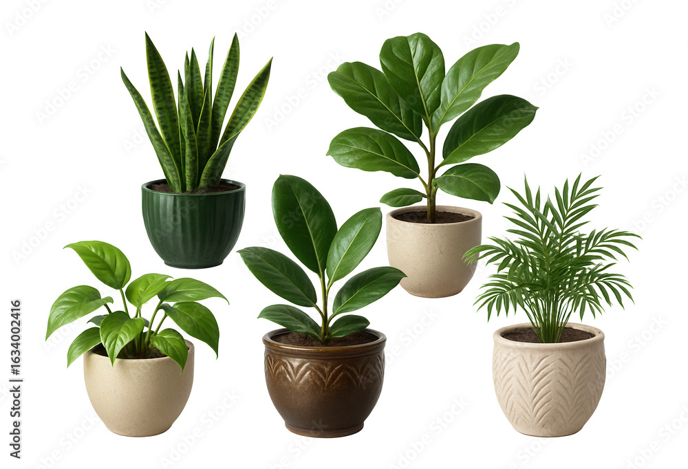 Fototapeta premium A collection of five potted houseplants including snake plant, rubber plant, and palm, each in a unique decorative pot on transparent background.