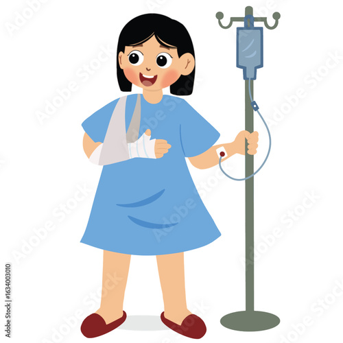cute girl with broken arm in flat design on white background. Injured child with bandage arm. a cast on his arm due to an accident