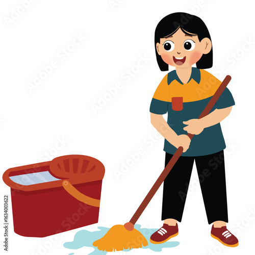 little kids mop up spilled water. little girl mopping the floor. Kids doing housework chores at home concept.