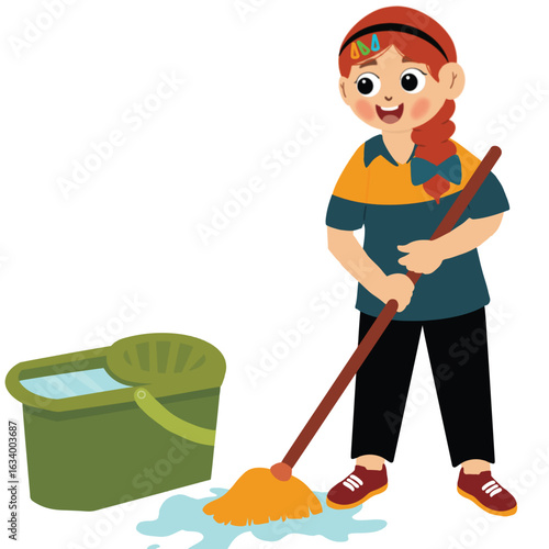little kids mop up spilled water. little girl mopping the floor. Kids doing housework chores at home concept.