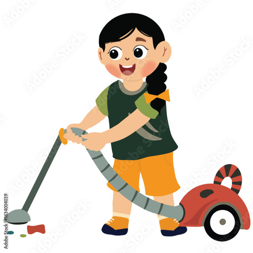 cute girl helping vacuum clean. Little girl happy child holding cleaner in hands. Housekeeping activity. cute girl helps cleaning floor at home vector illustration.