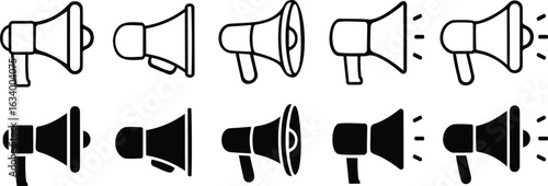 Megaphone and loudspeaker outline icons and flat style icon set. Includes advertising, announcement, marketing, and business promotion concepts. Editable stroke vector.