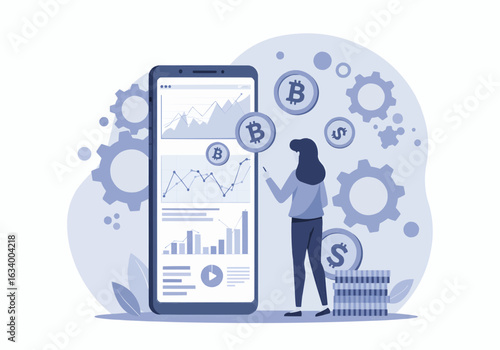 A person analyzing cryptocurrency charts on a smartphone, surrounded by financial symbols.
