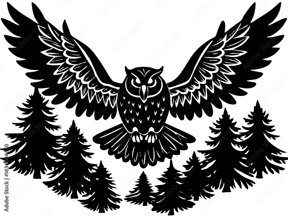 Obraz premium Owl Flying Over Trees Silhouette