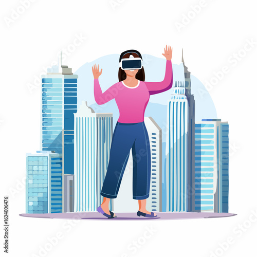 Illustration of a person experiencing virtual reality inside the metaverse, showcasing immersive futuristic environments.