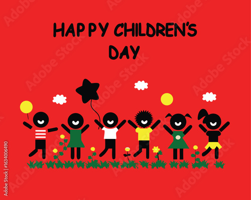 Vibrant scene of children celebrating with balloons, creating a cheerful children's day background