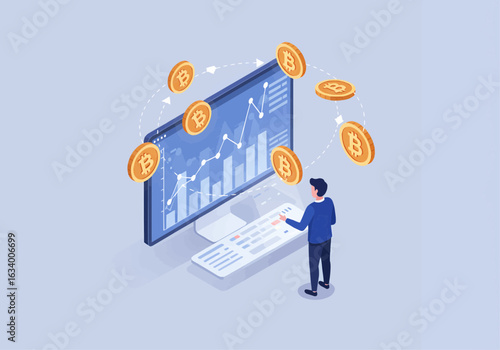 Man monitors Bitcoin cryptocurrency market trends displayed on computer screen, with digital coins orbiting.