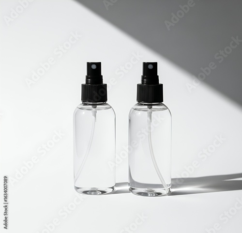 Wallpaper Mural Minimalist product display of two transparent spray bottles with black pumps, set against a white background with a stark, graphic shadow. Torontodigital.ca