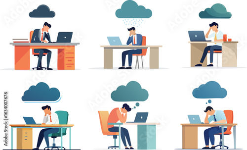 Workplace Burnout and Mental Health Vector Illustrations Set