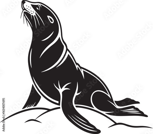Stylized black and white illustration of a sea lion