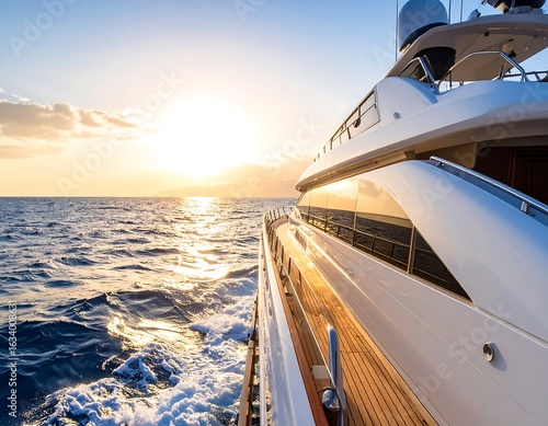 Luxury yacht cruising at sunset, side profile showcasing sleek design and wooden deck
