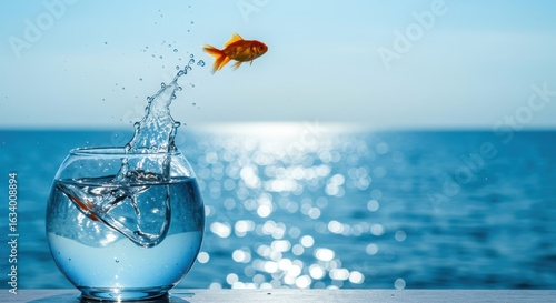 Goldfish Leaping from Bowl into Ocean – Concept of Freedom, Risk, and Limitless Possibility