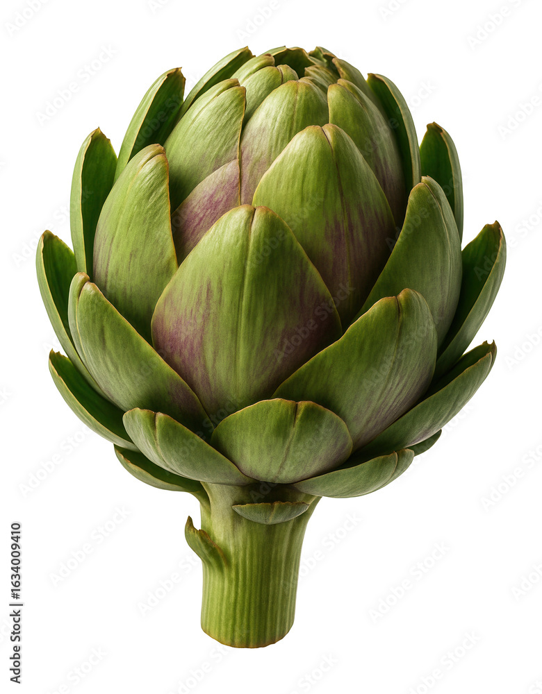 Fototapeta premium Fresh whole green artichoke with purple highlights, showcasing its natural texture and detailed leaves on transparent background.