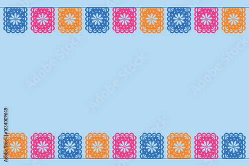 Cinco de Mayo, Hispanic Heritage Month. Vector horizontal background with space for text. Vector illustration with festive Papel Picado flags on blue background.