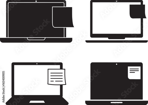 Four laptop screens with sticky notes displaying information silhouette