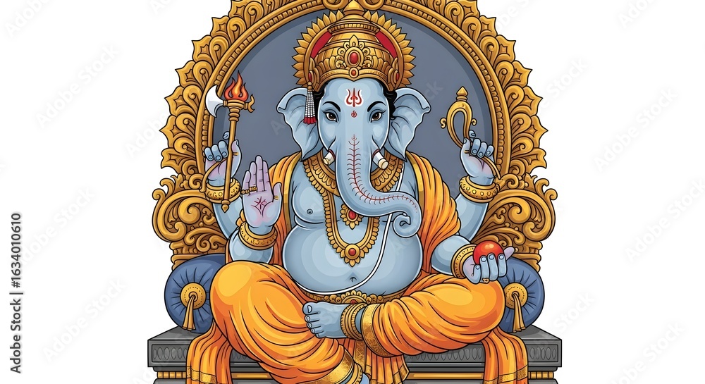 Obraz premium Illustration of lord ganesha with blue skin and orange clothing seated on an ornate throne design