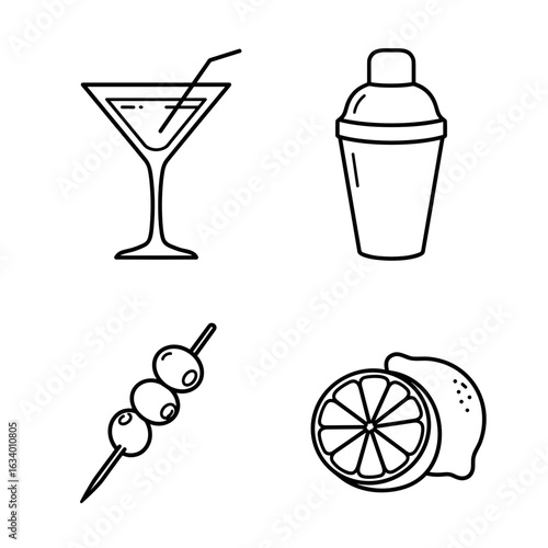 Collection of Cocktail Receipt-themed icons, including Martini glass, shaker, olive on a stick, lemon slice