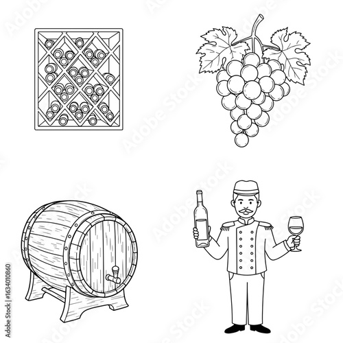 Collection of Wineries-themed icons, including Wine rack, bunch of grapes, wine barrel, sommelier