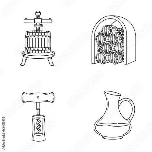 Collection of Wineries-themed icons, including Wine press, wine cellar, wine cork opener, wine decanter