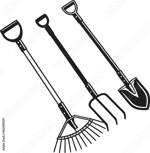 Vector illustration of a set of garden tools including a shovel, spade, and rake isolated on a white background