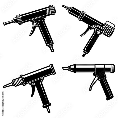 Four caulking guns in black and white with trigger mechanisms and nozzles pointing in different directions