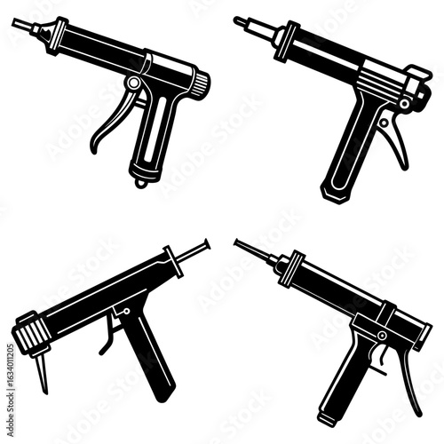 Four black and white sealant guns in different orientations on a white background showing detail of each gun