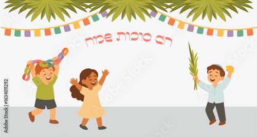 Kids building a booth for Sukkot and hanging decorations. Happy Jewish holiday Sukkot in Hebrew. Jewish children dancing Hasidic dance celebrating Sukkot and Simchat Torah 
