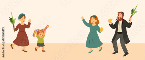 Jewish family dancing Hasidic dance celebrating Sukkot and Simchat Torah, orthodox Jewish holidays. Jewish people holding four species of Sukkot and Sukkah decoration
