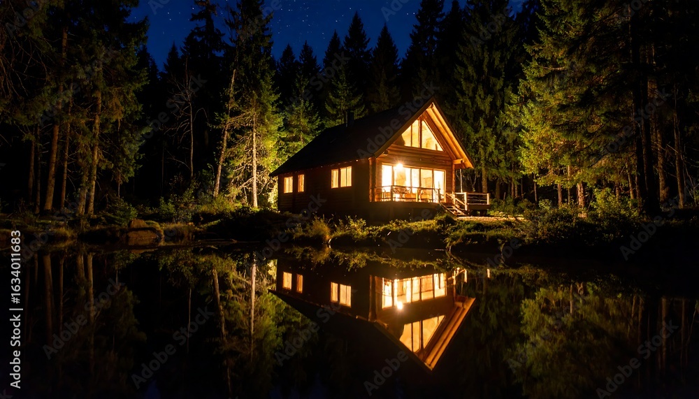 Fototapeta premium Illuminated cabin reflected in a dark, still lake, nestled within a dense forest at night