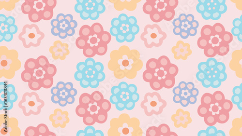 Pastel floral pattern with pink blue and yellow flowers arranged in a repeating design on a light pink background