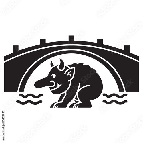 Vector art of black and white illustration of a troll sitting under a bridge