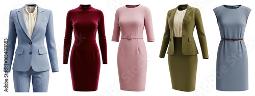 Set of elegant women’s business and formal outfits including tailored suits, sheath dresses, and office wear