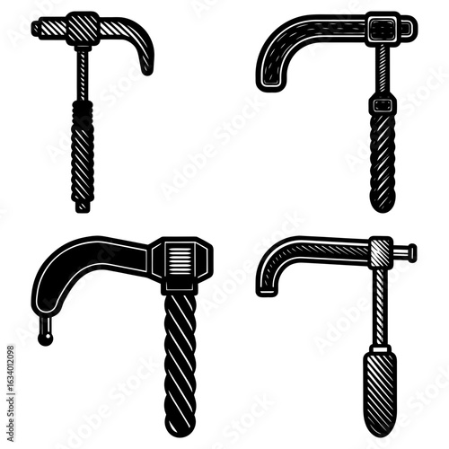 Illustration showing four different vintage style c clamps in black and white on a white background