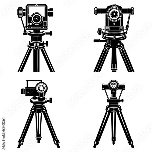 Four theodolites in black and white showing surveying instruments on tripods in a detailed illustration