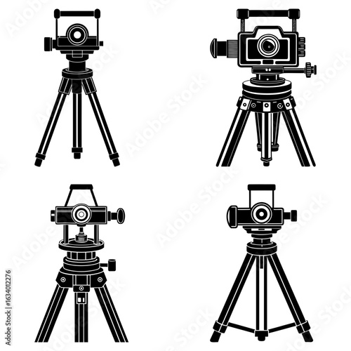 Illustration of four theodolites on tripods in black and white surveying equipment for land measurement