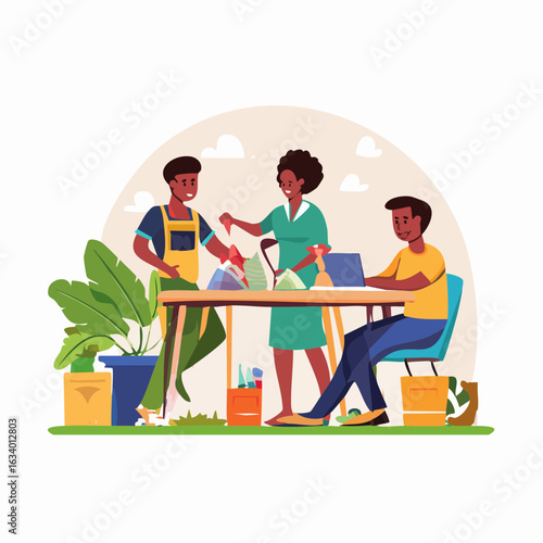 A visual of individuals repurposing waste into useful products, promoting creativity and sustainability.