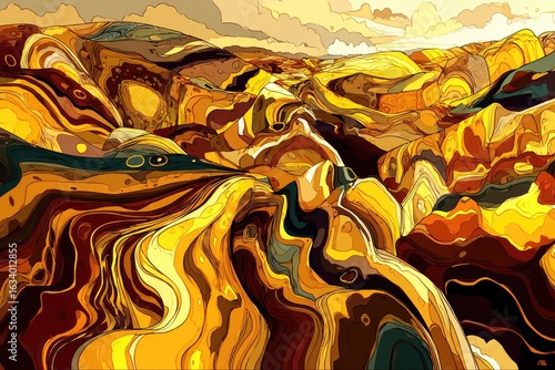 Abstract landscape of swirling, colorful hills