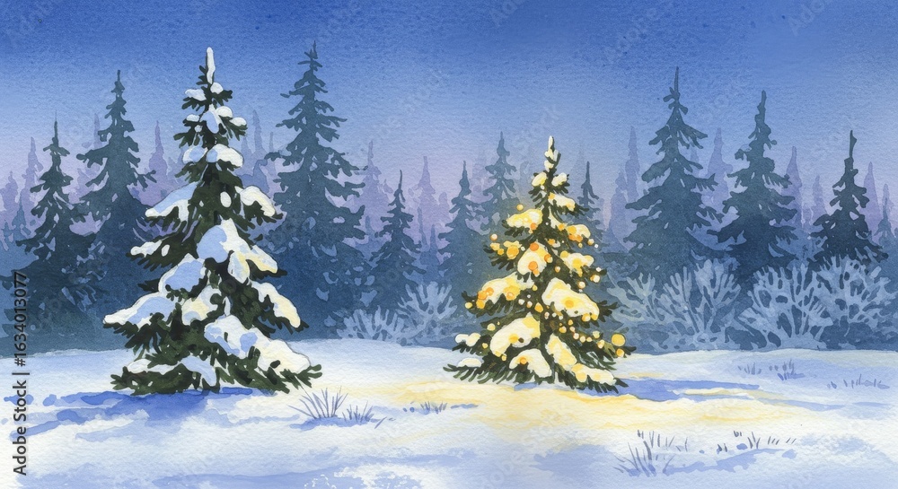 Obraz premium Winter christmas tree with luminous garland in snow forest at night for holiday celebration and greeting card design.
