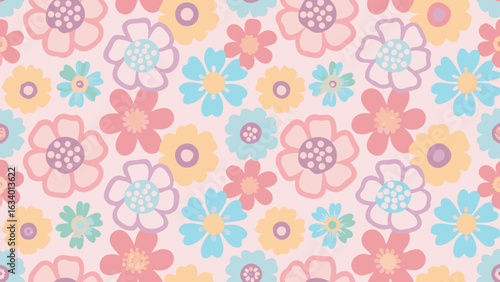 Seamless pattern featuring pastel colored flowers with a light pink background in a repeating design