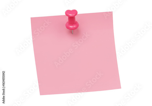 Pink sticky note with pin isolated on transparent background