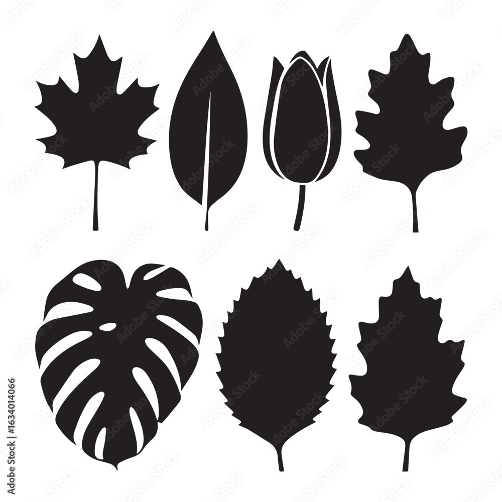 Fototapeta premium A collection of black leaf silhouettes arranged in two rows against a white background. 