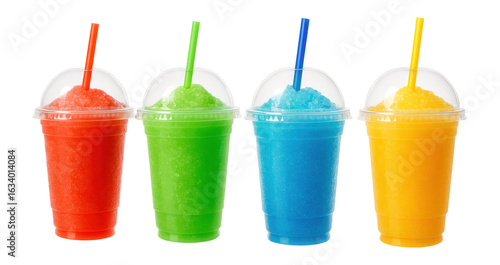 Four colorful slush drinks in transparent cups with lids and straws in red, green, blue, and yellow colors on transparent background.