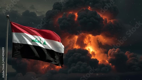 The national flag of Iraq waves against a mushroom cloud from a nuclear explosion. A powerful concept for videos about war, international crisis, and conflict.