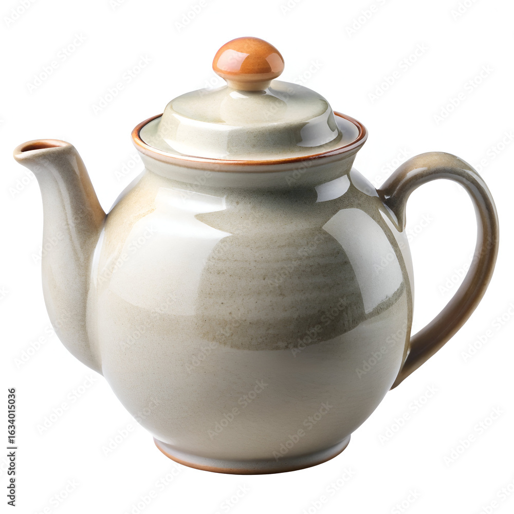 Fototapeta premium A traditional ceramic teapot with a handle, spout, and lid, perfect for brewing and serving hot beverages, isolated on white background