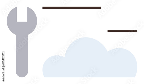 Cloud and wrench emphasizing cloud-based maintenance, software tools, and technology support. Ideal for cloud computing, IT service, online operations, data management, optimization, repair simple