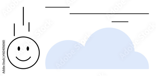 Smiling face descending near light blue cloud with simple lines adding a sense of motion. Ideal for positivity, weather, simplicity, joy, atmosphere, minimalism, and conceptual design. Simple flat