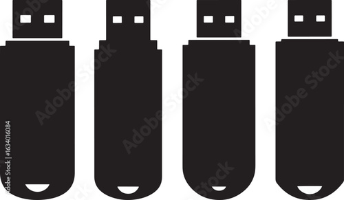 Four identical black usb flash drives in a row silhouette