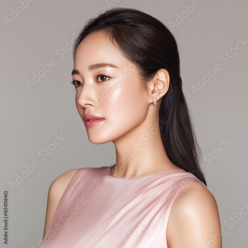 A young Asian woman gazes intently ahead, embodying beauty and medical aesthetics