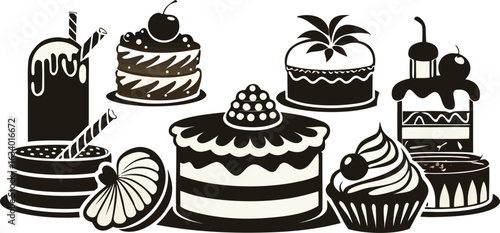 A collection of tempting photographs showcasing of delicious cakes and pastries on plates, highlighting their rich textures and decorative details