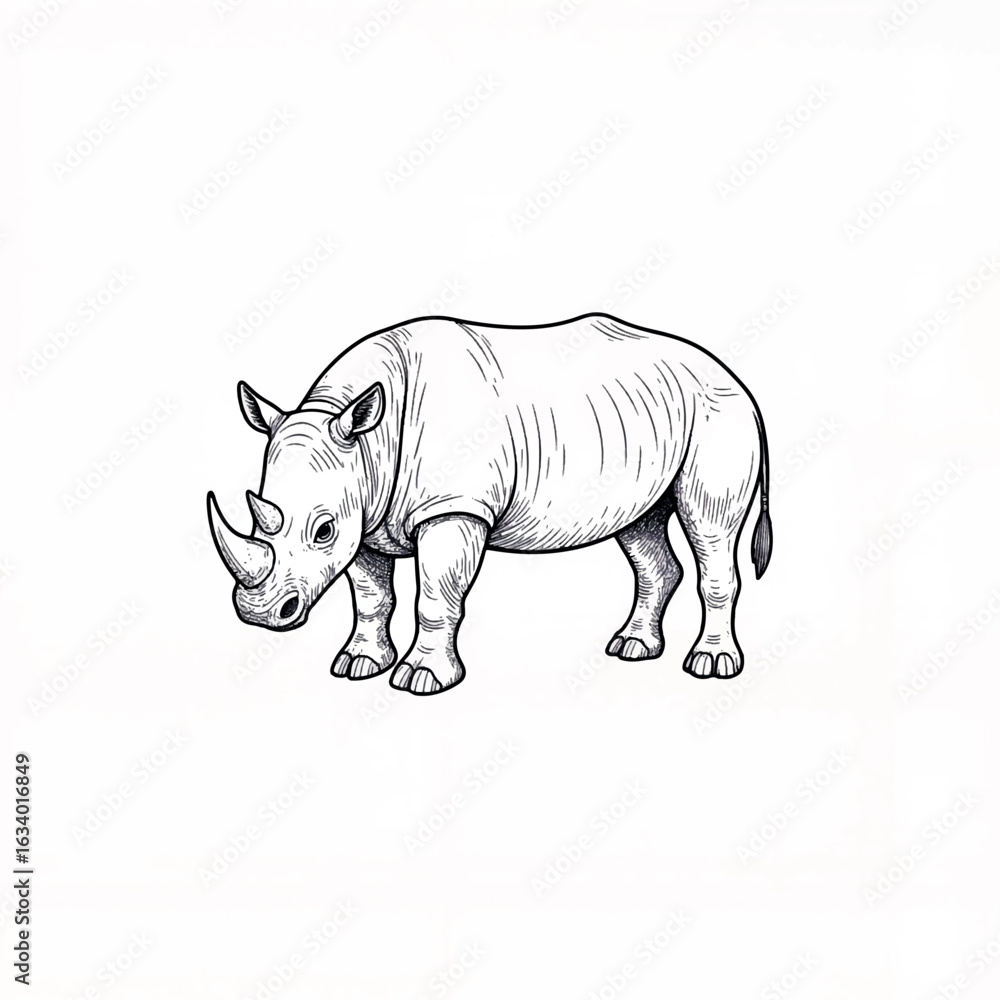 Fototapeta premium Hand-drawn rhinoceros illustration on white background, wildlife art